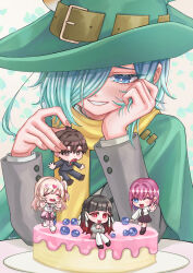  1boy 4girls :d ;d ^_^ absurdres aijou_rentarou aqua_hair artist_name baio_rin black_hair blonde_hair blue_eyes blueberry blush brown_eyes brown_hair cake cape chibi closed_eyes commentary double_v elbow_rest food fruit gradient_hair green_cape green_hat grey_jacket gyaru hair_ornament hair_over_one_eye hat heart heart_hair_ornament highres holding holding_mini_person jacket jjum_pp kedarui_aashii kimi_no_koto_ga_dai_dai_dai_dai_daisuki_na_100-nin_no_kanojo long_hair long_sleeves looking_at_another looking_at_viewer mini_person miniboy minigirl multicolored_hair multiple_girls nakaji_uto ohananomitsu_high_school_uniform ohananomitsu_middle_school_uniform one_eye_closed one_eye_covered one_side_up parted_lips plate purple_hair red_eyes red_hair saiki_himeka scarf school_uniform sharp_teeth short_hair simple_background smile teeth untranslatable_commentary v yellow_scarf 