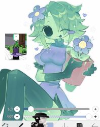  1018sus 1girl :p ;p ? art_program_in_frame artful_(die_of_death) bare_shoulders black_eyes blue_dress blue_flower blush_stickers breasts closed_mouth clothing_cutout colored_skin commentary curtained_hair die_of_death dress elbow_gloves english_commentary eyes_visible_through_hair feet_out_of_frame fewer_digits flipped_hair flower flower_pot frilled_sleeves frills game_screenshot_inset gloves green_gloves green_hair green_skin green_skirt green_thighhighs green_trim hair_flower hair_ornament hands_up heart highres holding holding_flower_pot ibispaint impossible_clothes impossible_dress knees_up leaf medium_breasts medium_hair miniskirt no_nose no_pupils no_sclera one_eye_closed outline photo_inset pleated_skirt puffy_short_sleeves puffy_sleeves reference_inset roblox screenshot_inset short_dress short_sleeves shoulder_cutout side_slit sidelocks simple_background single_blush_sticker skirt solo spoken_question_mark thigh-highs tongue tongue_out very_big_eyes white_background white_outline zettai_ryouiki 