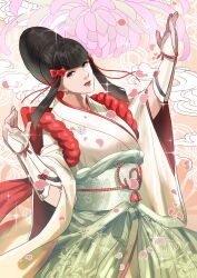  1girl absurdres black_hair blue_eyes blunt_bangs closed_mouth commentary eyelashes eyeliner flower hair_bun hair_ornament hairclip highres japanese_clothes kimono lips lipstick m_september makeup mishima_kazumi_(tekken) mole nose obi petals photoshop_(medium) red_rope revision rope sash shimenawa sidelocks single_hair_bun solo tekken tekken_7 vambraces wide_sleeves 