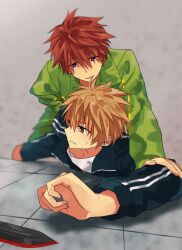  2boys arm_behind_back black_jacket blurry boy_on_top clenched_hand clenched_teeth commentary_request depth_of_field eyes_visible_through_hair foreshortening green_jacket grey_background hair_between_eyes highres imamiya_arata jacket knife long_sleeves looking_at_another looking_to_the_side lying male_focus multiple_boys o.z._(okome1026okome) on_floor on_stomach open_clothes open_jacket open_mouth orange_eyes orange_hair red_hair restrained rewrite shirt short_hair simple_background smile sweatdrop teeth tennouji_kotarou tile_floor tiles track_jacket tsurime v-shaped_eyebrows violet_eyes white_shirt 