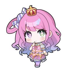  1girl blue_hair chibi chibi_only closed_mouth crown curious dot_mouth dress finger_to_mouth frilled_dress frills full_body gradient_hair green_eyes heart heart-shaped_pupils heterochromia himemori_luna himemori_luna_(1st_costume) hololive kiwipodo light_blush long_hair looking_at_viewer mini_crown multicolored_hair pantyhose pink_dress pink_hair purple_pantyhose sidelocks simple_background solo symbol-shaped_pupils two-tone_hair very_long_hair violet_eyes virtual_youtuber white_background 