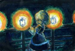  1girl arm_warmers bridge closed_mouth commentary_request cowboy_shot dark expressionless glowing green_eyes lantern looking_at_viewer looking_back medium_hair mizuhashi_parsee pointy_ears scarf shirt short_sleeves skirt solo touhou traditional_media yasuyo 