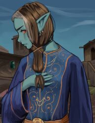  1girl blue_robe blue_sky brown_hair building check_copyright closed_mouth colored_sclera commentary copyright_request dairenke_art day dunmer earrings hair_over_shoulder hand_up highres jewelry long_hair long_sleeves orange_eyes outdoors pointy_ears profile red_sclera robe sky solo the_elder_scrolls the_elder_scrolls_iii:_morrowind upper_body wide_sleeves 