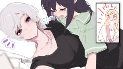  3girls ahoge black_hair black_shirt blonde_hair blue_eyes blush cho_kaguya-hime! closed_mouth commentary_request green_shirt heart heart_ahoge highres hixii1238 kaguya_(cho_kaguya-hime!) long_hair mole mole_under_eye multiple_girls nail_polish open_mouth pink_hair runami_yachiyo sakayori_iroha shirt teeth video_call white_hair yuri 