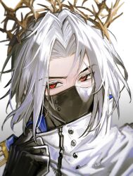 1boy absurdres adjusting_clothes ambience_synesthesia arknights black_mask chinese_commentary commentary_request crown feitong27 hand_up high_collar highres looking_to_the_side male_focus mask middle_part mouth_mask official_alternate_costume portrait red_eyes short_hair solo ulpianus_(arknights) white_hair 