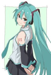  1girl aqua_hair aqua_necktie arms_behind_back black_skirt border commentary detached_sleeves green_background hatsune_miku headset highres long_hair looking_to_the_side maho_ron1 necktie number_tattoo outside_border pleated_skirt shirt shoulder_tattoo simple_background skirt sleeveless sleeveless_shirt smile solo tattoo twintails very_long_hair vocaloid white_border white_shirt 