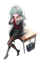  1girl absurdres alternate_costume bag bandage_over_one_eye black_bag black_choker black_pantyhose black_serafuku black_shirt black_shoes black_skirt blush breasts choker closed_mouth commentary_request desk earrings full_body grey_eyes grey_hair highres jewelry kerno korean_commentary loafers long_hair long_sleeves looking_at_viewer medium_breasts multicolored_hair nail_polish on_desk pantyhose phrolova_(wuthering_waves) red_nails sailor_collar school_bag school_desk school_uniform serafuku shirt shoes simple_background sitting skirt solo streaked_hair white_background white_sailor_collar wuthering_waves 