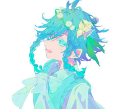  1boy androgynous antenna_hair aqua_bow aqua_bowtie aqua_eyes aqua_hair aqua_shirt blue_vest bow bowtie braid collared_shirt colored_eyelashes commentary_request eyelashes flower genshin_impact gradient_hair hair_between_eyes hair_ornament head_wreath highres leaf_hair_ornament long_sleeves looking_at_viewer male_focus multicolored_hair open_mouth purple_hair sakuraranndo shirt short_hair simple_background smile solo twin_braids two-tone_hair upper_body venti_(genshin_impact) vest watermark white_background white_flower yellow_flower 