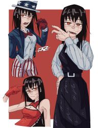  absurdres arms_behind_back black_dress blue_jacket chainsaw_man collared_shirt commentary dress faz_1015 fourth_east_high_school_uniform gloves hand_on_own_hip hat highres jacket pointing pointing_at_self red_dress red_gloves red_ribbon ribbon ringed_eyes scar scar_on_cheek scar_on_face school_uniform shirt uncle_sam white_shirt yoru_(chainsaw_man) 