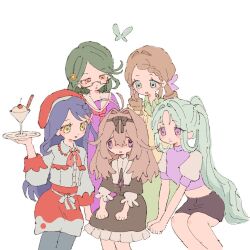 5girls antenna_hair beret black_skirt blue_hair bow braid brown_hair bug butterfly cropped_shirt dress food glasses green_eyes green_hair grey_shirt hair_bow hair_intakes hair_ornament hat holding holding_tray howa_kurea ieri_shiruku kaneda_rei kurusu_eliza long_hair long_sleeves meitantei_precure! moria_luluka multiple_girls neckerchief open_mouth parfait parted_bangs ponytail precure puffy_short_sleeves puffy_sleeves purple_shirt red_neckerchief rei2006f sailor_collar school_uniform shirt short_hair short_sleeves simple_background sitting skirt smile tray twintails very_long_hair violet_eyes white_background white_sailor_collar white_shirt yellow_eyes 