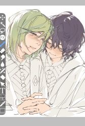  2girls agott_arklaum_(tongari_boushi_no_atelier) art_program_in_frame blush closed_eyes closed_mouth coco_(tongari_boushi_no_atelier) commentary green_hair highres holding_hands multiple_girls parted_lips purple_hair rain_(neporain) robe short_hair simple_background smile tongari_boushi_no_atelier untranslatable_commentary upper_body white_background white_robe yuri 