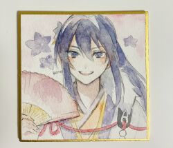  1boy blush commentary ensemble_stars! feature_scout_1_(ensemble_stars!) flower folding_fan gentiana_(flower) hair_between_eyes hand_fan haori highres holding holding_fan japanese_clothes kanzaki_souma kimono ko_no_ao long_hair looking_at_viewer open_mouth painting_(medium) photo_(medium) ponytail purple_flower purple_hair shikishi signature smile traditional_media untranslatable_commentary upper_body violet_eyes watercolor_(medium) white_haori yellow_kimono 