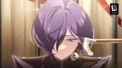  1girl absurdres black_cloak blue_hair cane cloak closed_mouth commentary copyright_logo crescent crescent_earrings earrings english_commentary hair_over_one_eye highres jewelry logo looking_at_viewer official_art official_wallpaper portrait promeia_(zenless_zone_zero) solo_focus violet_eyes zenless_zone_zero 