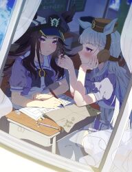  2girls absurdres animal_ears black_hair blunt_bangs blush bow bowtie breasts brown_hat chair classroom closed_mouth commentary desk ears_through_headwear eraser fenomeno_(umamusume) flipped_hair gold_ship_(umamusume) grey_hair hat head_rest heart highres holding holding_pen horse_ears horse_girl komeko97 long_hair multicolored_hair multiple_girls notebook paper peaked_cap pen pillbox_hat puffy_short_sleeves puffy_sleeves purple_bow purple_bowtie purple_hair purple_shirt sailor_collar sailor_shirt school_desk school_uniform shirt short_sleeves sitting skirt thigh-highs tracen_school_uniform umamusume untranslatable_commentary violet_eyes white_sailor_collar white_skirt white_thighhighs window writing 