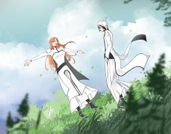  1boy 1girl artist_name black_boots black_hair black_lips black_sash black_trim bleach boots breasts closed_eyes clouds cloudy_sky coattails commentary dress english_commentary facial_mark full_body grass hair_ornament half_mask hand_in_pocket hetero highres inoue_orihime jacket juliet_sleeves keitoz korean_commentary large_breasts leaf long_hair long_skirt long_sleeves mask mixed-language_commentary open_mouth orange_hair outstretched_arms pants parted_bangs puffy_sleeves sash short_hair skirt sky smile snowflake_hair_ornament spread_arms tailcoat ulquiorra_cifer white_dress white_jacket white_pants white_skirt 