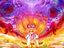  1girl absurdres blonde_hair bow closed_mouth commentary_request dress folding_fan frilled_sleeves frills gap_(touhou) hair_bow hand_fan hand_on_own_cheek hand_on_own_face hat hat_ribbon highres holding holding_fan long_hair long_sleeves looking_at_viewer mob_cap mountainous_horizon multiple_hair_bows purple_tabard red_bow red_ribbon ribbon smile solo tabard torii touhou user_ghaf3443 very_long_hair violet_eyes white_dress white_hat wide_sleeves yakumo_yukari 