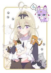  1girl animal antenna_hair black_bow black_dress blush bow capelet cat closed_eyes closed_mouth commentary_request dress grey_hair hair_intakes heart highres holding holding_animal holding_cat jewelry long_hair looking_at_viewer mashu-tan meitantei_precure! moria_luluka nekoyama_nezumi open_mouth precure smile solo sweatdrop violet_eyes 