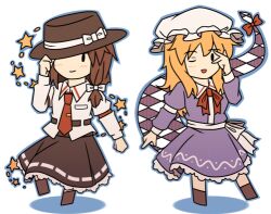  :d adjusting_clothes adjusting_headwear black_hat black_skirt blonde_hair blush boots bow bowtie breast_pocket brown_boots brown_hair checkered_print clenched_hand collared_shirt commentary_request deformed dress frilled_dress frills gap_(touhou) hair_bow hat hat_bow long_hair long_skirt long_sleeves maribel_hearn mob_cap necktie one_eye_closed open_mouth pocket purple_dress red_bow red_bowtie red_necktie ribbon-trimmed_skirt ribbon_trim sash shirt skirt sleeve_cuffs sleeve_garter smile standing standing_on_one_leg star_(symbol) tie_clip touhou unagi_sango usami_renko w waist_bow white_background white_bow white_hat white_sash white_shirt 