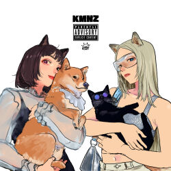  2girls animal animal_ears bag black_cat blonde_hair blue_eyes brown_hair cat cat_ears cat_girl cat_tail commentary_request dog dog_ears dog_girl dog_tail eyewear_on_animal grey_bag highres holding holding_animal holding_cat holding_dog ken_sogen kmnz lita_(kmnz) liz_(kmnz) long_hair looking_at_viewer midriff_peek multiple_girls navel parental_advisory purple-tinted_eyewear round_eyewear short_hair shoulder_bag simple_background sunglasses tail tinted_eyewear upper_body violet_eyes virtual_youtuber white_background 