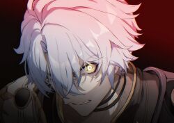  1boy angry black_shirt clenched_teeth commentary diamond-shaped_pupils diamond_(shape) english_commentary furious hair_between_eyes honkai:_star_rail honkai_(series) jacket kstrtemp looking_at_viewer male_focus neck_tattoo parted_hair phainon_(honkai:_star_rail) shirt solo sun_symbol sun_tattoo symbol-shaped_pupils tattoo teeth upper_body white_hair wide-eyed yellow_eyes 