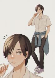  1boy absurdres black_pantyhose brown_hair clothes_around_waist commentary highres jacket jacket_around_waist macaronk male_focus mouth_hold original pantyhose shirt shoes short_hair sneakers white_background white_shirt 