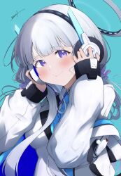  1girl aqua_background blue_archive blue_necktie blush caff_(aosui9) closed_mouth commentary halo hand_on_headphones headphones highres jacket jacket_partially_removed long_hair long_sleeves looking_at_viewer mechanical_halo necktie noa_(blue_archive) simple_background smile solo suit twitter_username violet_eyes white_hair white_halo white_jacket white_suit 