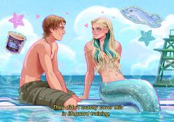  1boy 1girl aquamarine_(character) aquamarine_(movie) artist_name blonde_hair blue_sky brown_hair brown_shorts clouds commentary day dolphin english_text heart long_hair looking_at_another luztapiaart merfolk mermaid monster_girl navel outdoors raymond_(aquaman_(series)) short_hair shorts sky star_(symbol) subtitled water watermark 