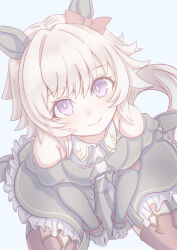  1girl absurdres animal_ears ariza bare_shoulders black_boots blush boots bow breasts closed_mouth coat curren_chan_(fille_eclair)_(umamusume) curren_chan_(umamusume) dress ear_bow ear_covers gloves grey_hair highres horse_ears horse_girl horse_tail long_sleeves looking_at_viewer neomeka off-shoulder_coat off-shoulder_dress off-shoulder_jacket off_shoulder red_bow red_thighhighs short_hair smile solo striped_clothes striped_dress tail thigh-highs umamusume vertical-striped_clothes vertical-striped_dress violet_eyes white_gloves 