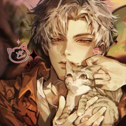  1boy 1girl absurdres aegyo_sal animal cat closed_mouth collared_shirt commentary crew_neck dragon_li_cat highres holding holding_animal holding_cat kkuekkue_(chifer1958) layered_shirt looking_at_viewer love_and_deepspace male_focus nose official_alternate_costume open_clothes open_shirt orange_shirt parted_bangs portrait protagonist_(love_and_deepspace) red_hair shirt short_hair slit_pupils sylus_(love_and_deepspace) white_hair white_shirt wing_collar 