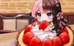  1girl :3 black_skirt blue_eyes blurry blurry_background blush brown_hair cake chibi chibi_only commentary_request desk eating food fork hair_ribbon highres indoors kiwipodo long_hair mini_person minigirl multicolored_hair pink_hair pink_ribbon ribbon shirt sitting skirt solo strawberry_cake tachibana_hinano tachibana_hinano_(school_uniform) two-tone_hair virtual_youtuber vspo! wariza white_shirt 