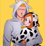  1boy 1girl animal_hood animal_print bell bleach blush brown_eyes couple cow_horns cow_print cowbell fitstarrysky grey_hoodie hetero highres hood hoodie horns inoue_orihime kurosaki_ichigo lips long_hair looking_at_viewer nose_piercing nose_ring open_mouth orange_hair piercing short_hair upper_body 