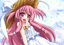  1girl :d ahoge alternate_costume angel_beats! arm_behind_head bare_shoulders blue_background blush bow breasts commentary_request cowboy_shot dress dress_bow drop_shadow eyes_visible_through_hair fang floating_hair frilled_dress frills hair_between_eyes hair_ribbon hat hat_bow huge_ahoge huge_bow long_hair looking_at_viewer open_mouth orange_bow pink_eyes pink_hair ribbon sidelocks simple_background sleeveless sleeveless_dress small_breasts smile solo straw_hat sundress tareme tougo two_side_up very_long_hair white_bow white_dress white_ribbon yui_(angel_beats!) 
