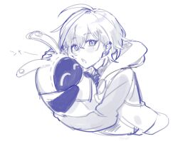  1girl 1other :o bangboo_(zenless_zone_zero) belle_(zenless_zone_zero) blush commentary_request eous_(zenless_zone_zero) greyscale hair_between_eyes hug jacket looking_at_viewer monochrome nad0_55 open_mouth short_hair simple_background white_background zenless_zone_zero 