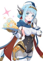  1girl :o blue_eyes blue_hair blue_hat breasts commentary_request covered_navel food genshin_impact hat highres holding holding_plate ineffa_(genshin_impact) kamuraaa_615 looking_at_viewer medium_breasts medium_hair plate simple_background solo sparkle standing white_background 