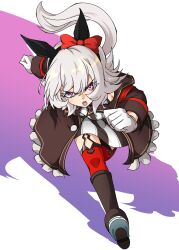  1girl animal_ears bare_shoulders black_boots black_hairband boots bow breasts coat commentary_request curren_chan_(fille_eclair)_(umamusume) curren_chan_(umamusume) dress ear_bow ear_covers gloves grey_hair hairband highres horse_ears horse_girl horse_tail long_sleeves off-shoulder_coat off-shoulder_dress off-shoulder_jacket off_shoulder open_mouth red_bow red_thighhighs running short_hair solo striped_clothes striped_dress tail thigh-highs umamusume vertical-striped_clothes vertical-striped_dress violet_eyes white_gloves zukki_(bijitaru) 