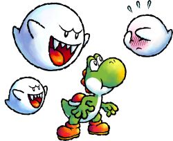  blush boo_(mario) boots brown_boots colored_skin ghost green_skin highres nakagawa_yasuhisa official_art sharp_teeth sitting super_mario_bros. teeth transparent_background upper_teeth_only yoshi yoshi_topsy-turvy 