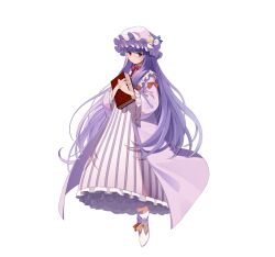  1girl artist_request book boots bow bowtie closed_mouth crescent crescent_hat_ornament dress footwear_bow frilled_sleeves frills full_body game_asset hat hat_ornament holding holding_book long_hair long_sleeves looking_at_viewer non-web_source official_art patchouli_knowledge pink_dress pink_hat purple_hair red_bow red_bowtie self-datamine simple_background solo striped_clothes striped_dress touhou touhou_arcadia_record transparent_background vertical-striped_clothes vertical-striped_dress very_long_hair violet_eyes white_boots wide_sleeves yellow_bow 