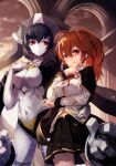 2girls :&lt; ahoge black_cape black_hair black_skirt blazblue bob_cut breasts brown_hair cape celica_a_mercury closed_mouth collared_shirt gem hair_ribbon hand_on_own_chest hand_on_own_chin headpiece long_sleeves looking_at_another looking_at_viewer mechanical_arms minerva_(blazblue) multiple_girls navel neck_ribbon online_neet pleated_skirt ponytail red_eyes red_ribbon ribbon robot shirt simple_background skirt smile stomach thighs white_background white_shirt