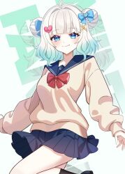  1girl ahoge black_socks blue_bow blue_eyes blue_sailor_collar blue_skirt bow densetsu.exe double_bun gradient_hair green_hair hair_bow hair_bun hair_intakes hair_ornament heart heart_hair_ornament highres looking_at_viewer mint_fantome multicolored_hair red_bow sailor_collar skirt smile socks solo tsukasa12598 virtual_youtuber white_hair x_hair_ornament 
