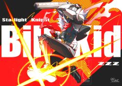  1boy 9tine_lime arm_mounted_weapon billy_kid billy_kid_(starlight) black_jacket bracelet chain chain_around_arm character_name clenched_hands clothed_robot commentary_request copyright_name cropped_jacket floating_scarf fur-trimmed_jacket fur_trim highres humanoid_robot jacket jewelry male_focus red_scarf robot robot_boy scarf solo spiked_bracelet spikes spiky_hair torn_clothes torn_scarf white_hair yellow_eyes zenless_zone_zero 