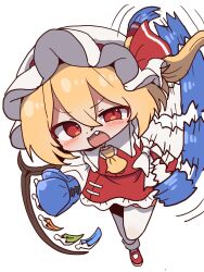  1girl ascot blonde_hair blue_gloves blush bow boxing_gloves chibi crystal crystal_wings flandre_scarlet frills gloves hat hat_ribbon highres looking_at_viewer magg_(user_mtca8588) mob_cap motion_blur motion_lines multicolored_wings one_side_up open_mouth puffy_sleeves red_eyes red_skirt red_vest ribbon shirt short_hair side_ponytail skirt skirt_set solo standing standing_on_one_leg touhou vest white_background white_hat wings yellow_ascot 
