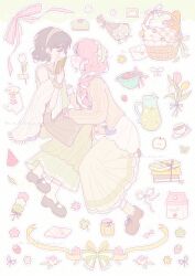  2girls alien_stage alternate_costume basket black_hair black_shoes blackberry_(fruit) book bouquet bow braid brown_hairband brown_scrunchie brown_shoes cardigan clover coldmeow commentary drink_carton flower food fruit green_hairband green_skirt hair_over_shoulder hairband highres holding holding_book holding_hands honey long_hair lotus mary_janes milk_carton mizi_(alien_stage) multiple_girls pink_flower pink_hair pink_tulip pitcher_(container) polka_dot_hairband rabbit ribbed_cardigan scrunchie shoes single_braid skirt strawberry sua_(alien_stage) tulip violet_eyes white_flower white_tulip wrist_scrunchie yellow_cardigan yellow_eyes yellow_flower yellow_skirt yellow_tulip yuri 