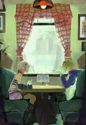  1boy 1girl arm_warmers bee_(c_cx0) black_arm_warmers blonde_hair booth_seating brown_hair cafe curtains highres hood hood_down hoodie indoors looking_outside makaino_ririmu makaino_ririmu_(6th_costume) multicolored_hair nijisanji official_alternate_costume short_hair sitting sleeveless two-tone_hair two_side_up uzuki_kou uzuki_kou_(5th_costume) virtual_youtuber window 