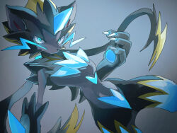  1other black_fur blue_eyes blue_fur body_fur claws commentary_request furry fusenryo horns looking_at_viewer mega_pokemon mega_zeraora multicolored_fur pokemon pokemon_(creature) pokemon_focus single_horn solo tail two-tone_fur zeraora 