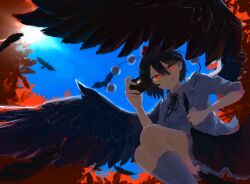  1girl :q absurdres backlighting bird_wings black_hair black_ribbon black_wings blue_sky collared_shirt commentary_request day feathered_wings frilled_skirt frills hat highres looking_at_viewer momomo_twi neck_ribbon pom_pom_(clothes) red_eyes red_hat ribbon shameimaru_aya shirt short_hair skirt sky smile socks solo sun tokin_hat tongue tongue_out touhou white_shirt white_socks wings 