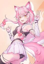  1girl animal_ear_fluff animal_ears ass black_panties black_thighhighs breasts character_request commentary_request copyright_request feet_out_of_frame fox_ears fox_girl fox_tail looking_at_viewer medium_breasts open_mouth panties pink_eyes pink_hair shirosai_nekocha short_hair simple_background solo standing tail thigh-highs underwear v white_background 
