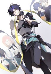  2boys 4girls absurdres aqua_jacket asaba_harumasa asymmetrical_gloves belle_(zenless_zone_zero) black_choker black_gloves black_hair black_necktie black_pants blue_hair blue_horns blue_oni blue_skin choker colored_skin commentary_request fox_girl gloves grey_hair hair_between_horns hair_ornament half_gloves highres horns hoshimi_miyabi jacket letter_hair_ornament mismatched_gloves mouth_hold multicolored_horns multiple_boys multiple_girls necktie oni open_mouth pants partially_fingerless_gloves pink_hair pointy_ears ribbon shirt short_hair single_half_glove skin-covered_horns soukaku_(zenless_zone_zero) tsukishiro_yanagi two-tone_horns white_background white_hair white_shirt wise_(zenless_zone_zero) yellow_eyes yellow_gloves yellow_ribbon yiyihongxue09456 zenless_zone_zero 
