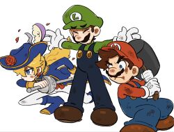  1girl 2boys blonde_hair blue_eyes blue_hat commentary_request earrings flower gloves hat hat_feather hat_flower highres holding holding_weapon jewelry long_hair luigi mallet mario mimimi_(mimimim9999) multiple_boys overalls pants princess_peach princess_peach:_showtime! protecting rapier red_flower rose simple_background super_mario_bros. sword swordfighter_peach weapon white_gloves white_pants 
