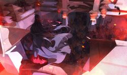  1boy aa820733 architecture black_hair black_hanfu building chinese_clothes commentary crowd east_asian_architecture embers facing_away fire floating_clothes floating_hair from_above from_behind full_body grandmaster_of_demonic_cultivation hair_down hair_ribbon half_updo hanfu highres long_hair long_sleeves male_focus official_alternate_hairstyle pillar red_ribbon ribbon robe scenery solo_focus stairs standing untranslatable_commentary very_long_hair wei_wuxian wei_wuxian_(yiling_laozu) wide_shot wide_sleeves wind 