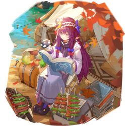  1girl alternate_costume artist_request autumn_leaves black_boots black_scarf book boots bow cooking crescent crescent_hair_ornament dress falling_leaves food food_request full_body game_asset grill grilling hair_bow hair_ornament holding holding_book leaf long_hair long_sleeves maple_leaf meat multiple_hair_bows non-web_source official_art open_book outdoors patchouli_knowledge purple_bow purple_dress reading red_bow scarf self-datamine simple_background sitting skewer solo tent touhou touhou_arcadia_record transparent_background very_long_hair 